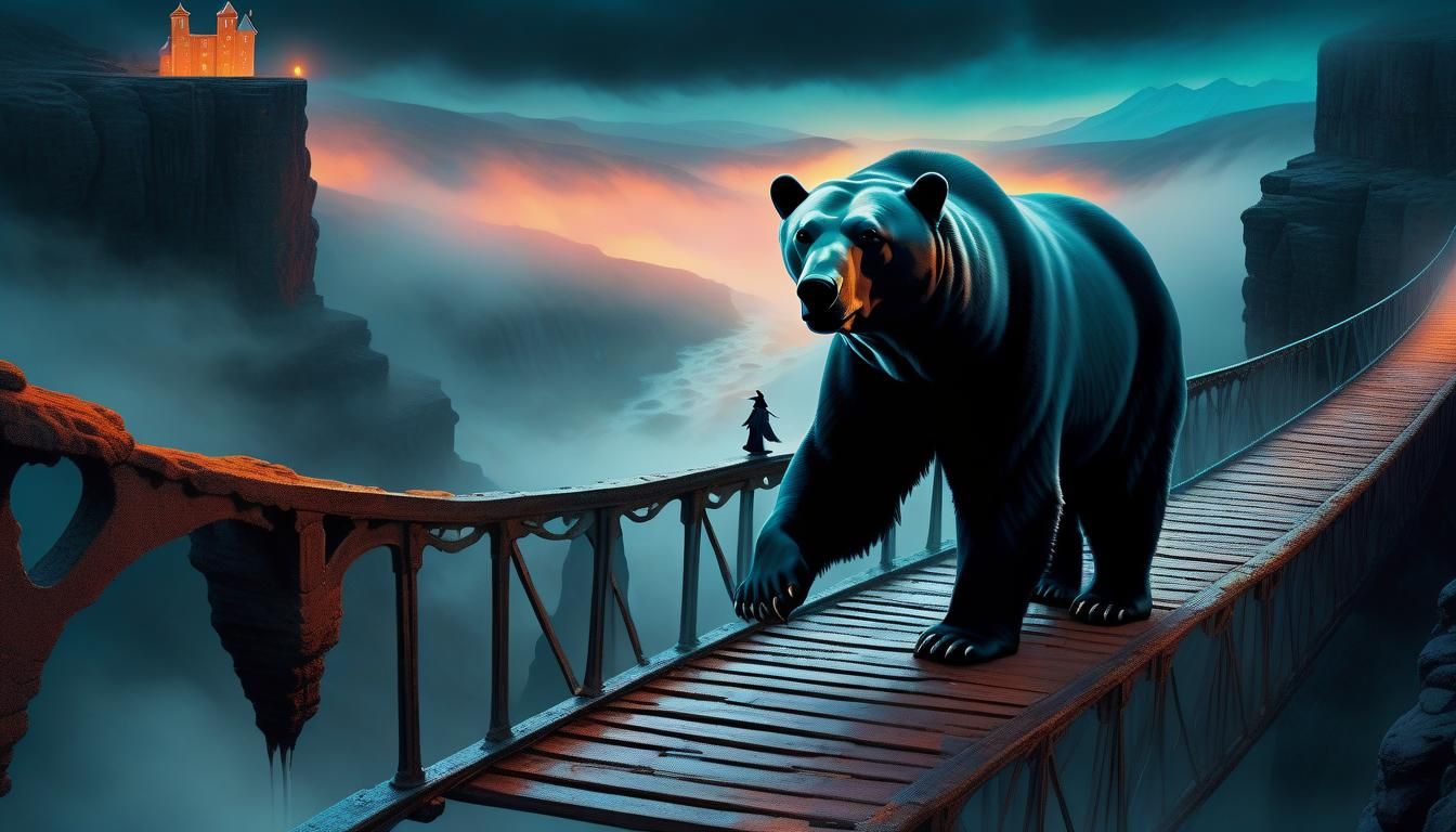 Witch Rides Polar Bear Across Canyon: Surreal Digital Art