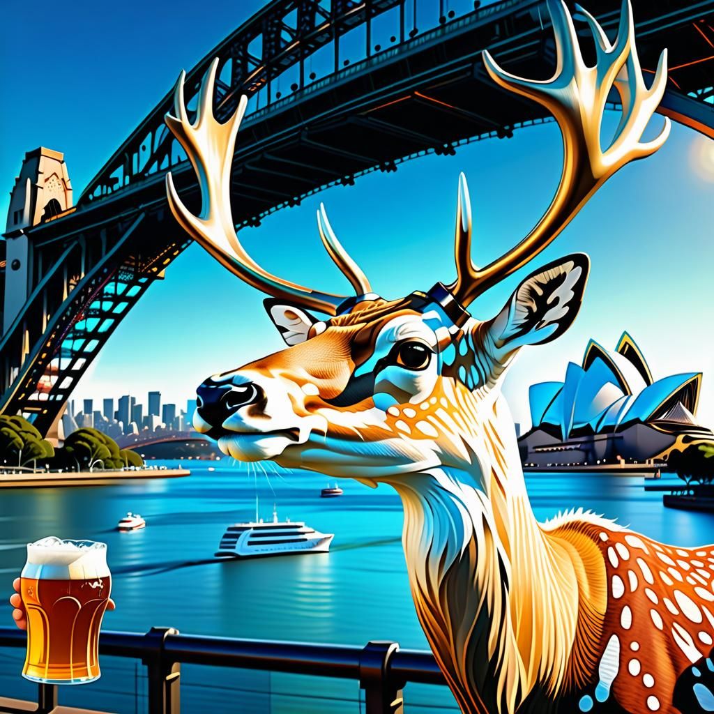 Comic Deer Enjoying Beer at Sydney Harbour, Detailed Art