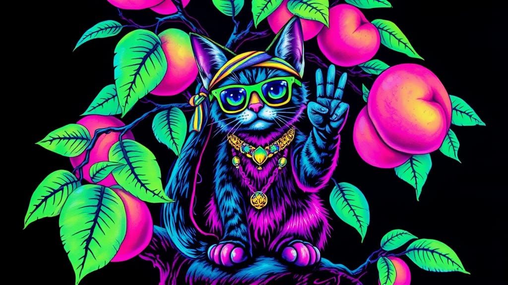 Psychedelic Hippy Cat Painting in Peach Tree