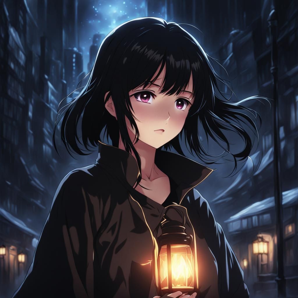 Black-Haired Girl Overwhelmed by Darkness in Anime Style