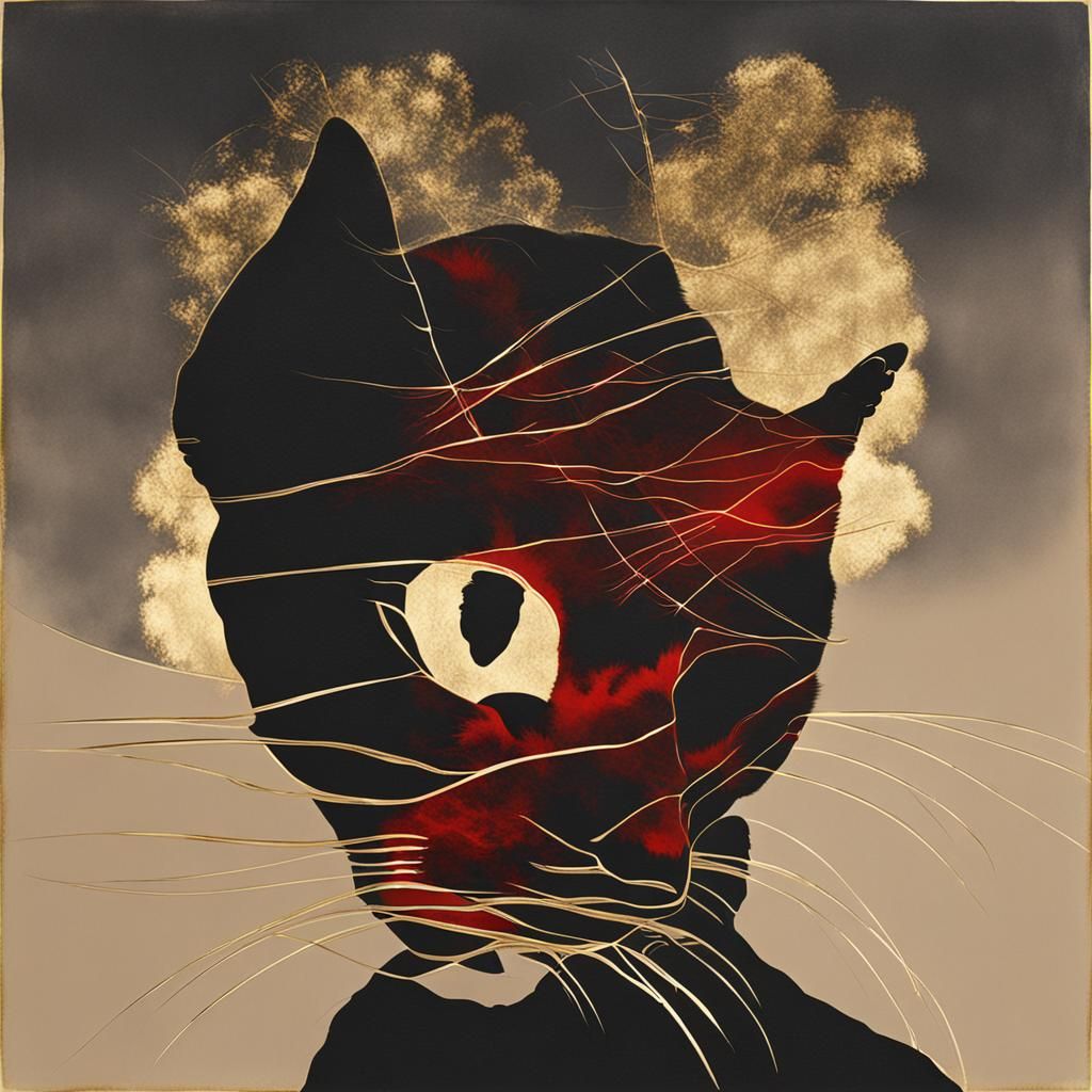 Black Cat Silhouette in Red and Gold Photogram