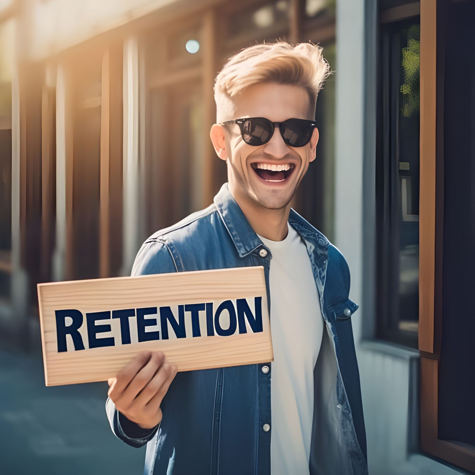 Happy Man Holding a "Retention" Sign