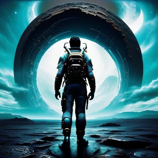 Astronaut on Alien Planet Under Swirling Skies