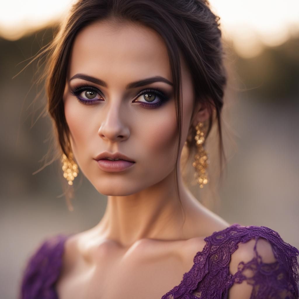 Stunning Model in Paisley Dress with Violet Eyes