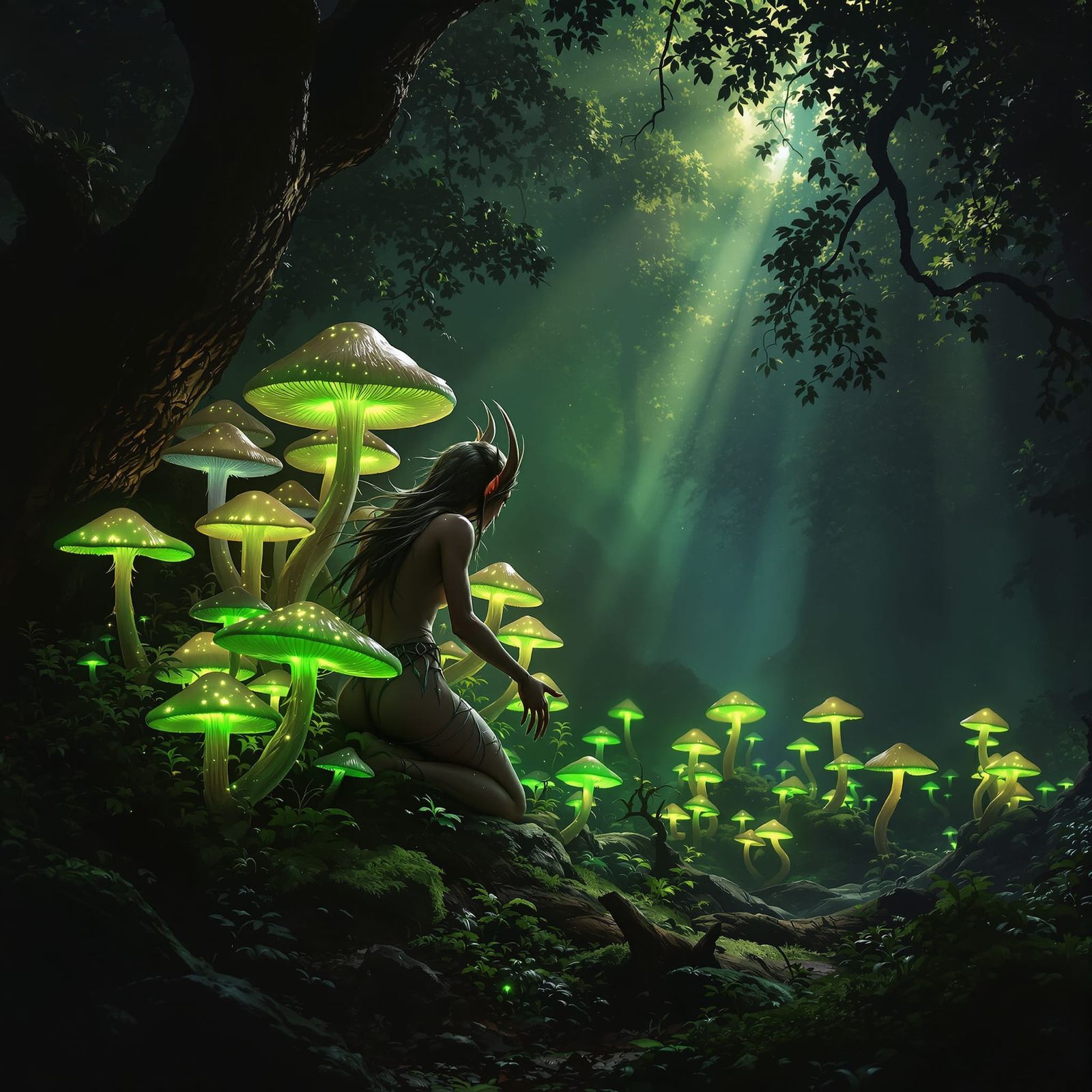 Enchanted Forest With Glowing Poisonous Mushrooms