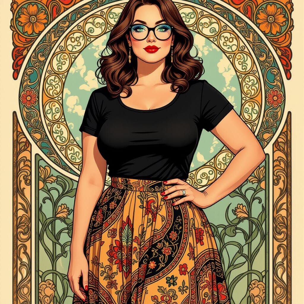 Woman in Paisley Skirt, Illustrative Art Style