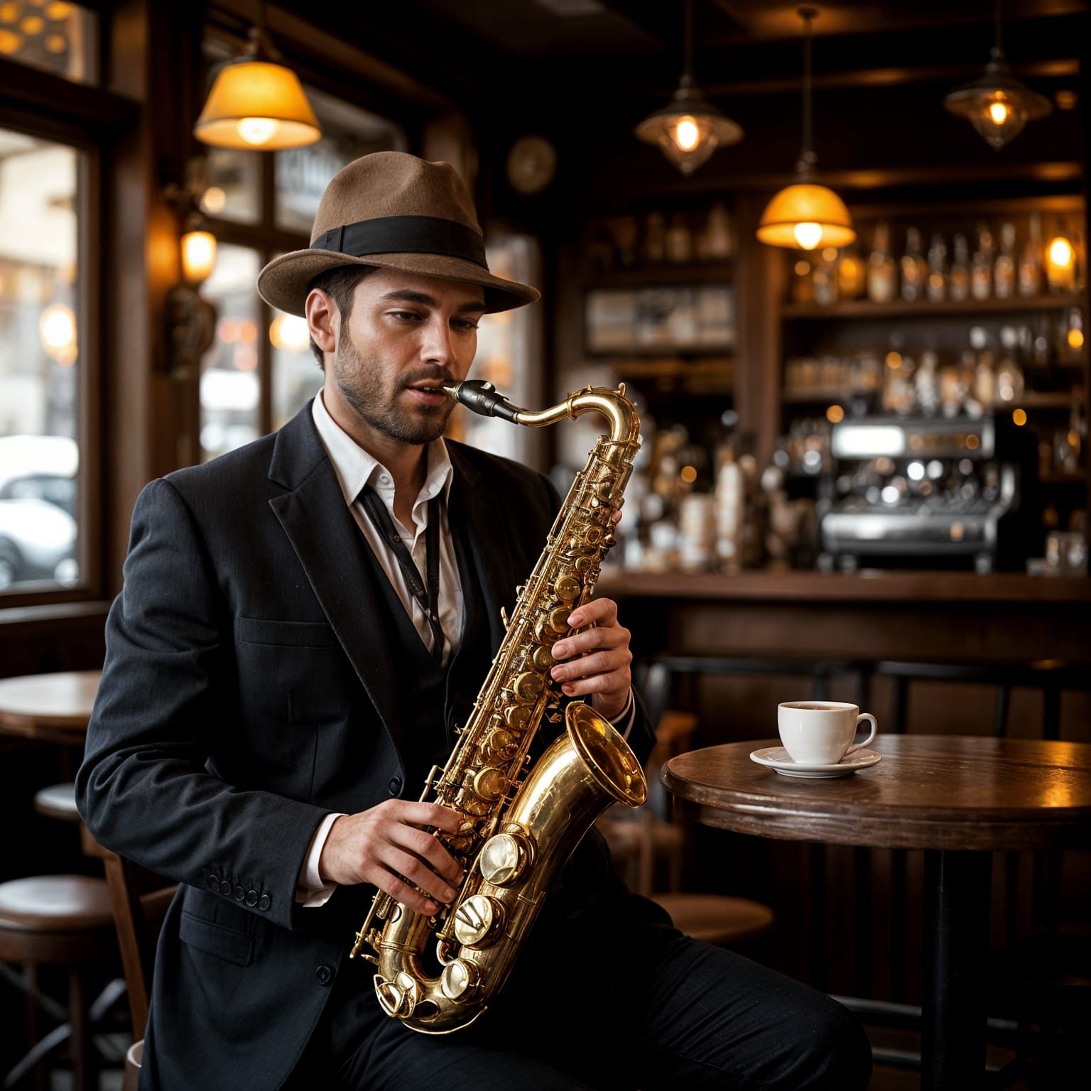 Alto Saxophone Enjoying Espresso in Cozy Jazz Cafe