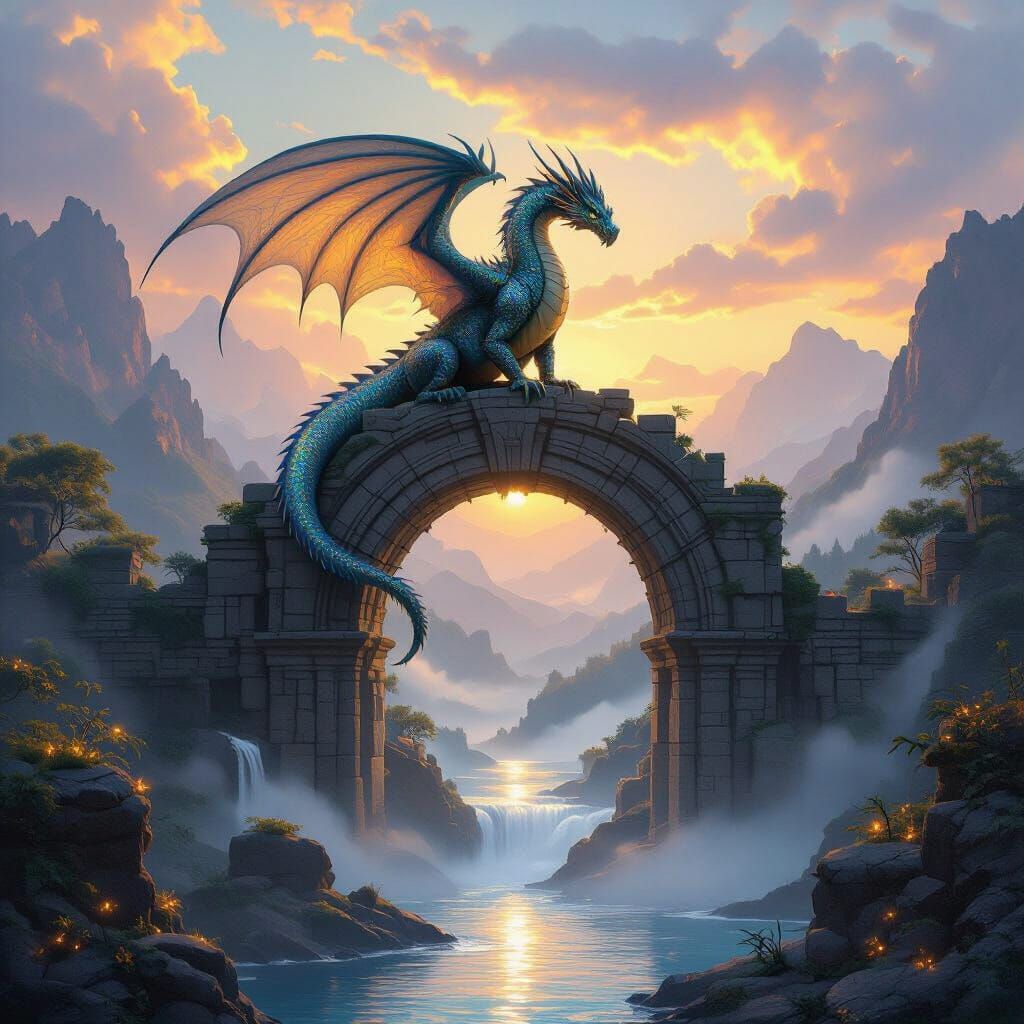 Majestic Dragon on Ancient Archway at Dawn
