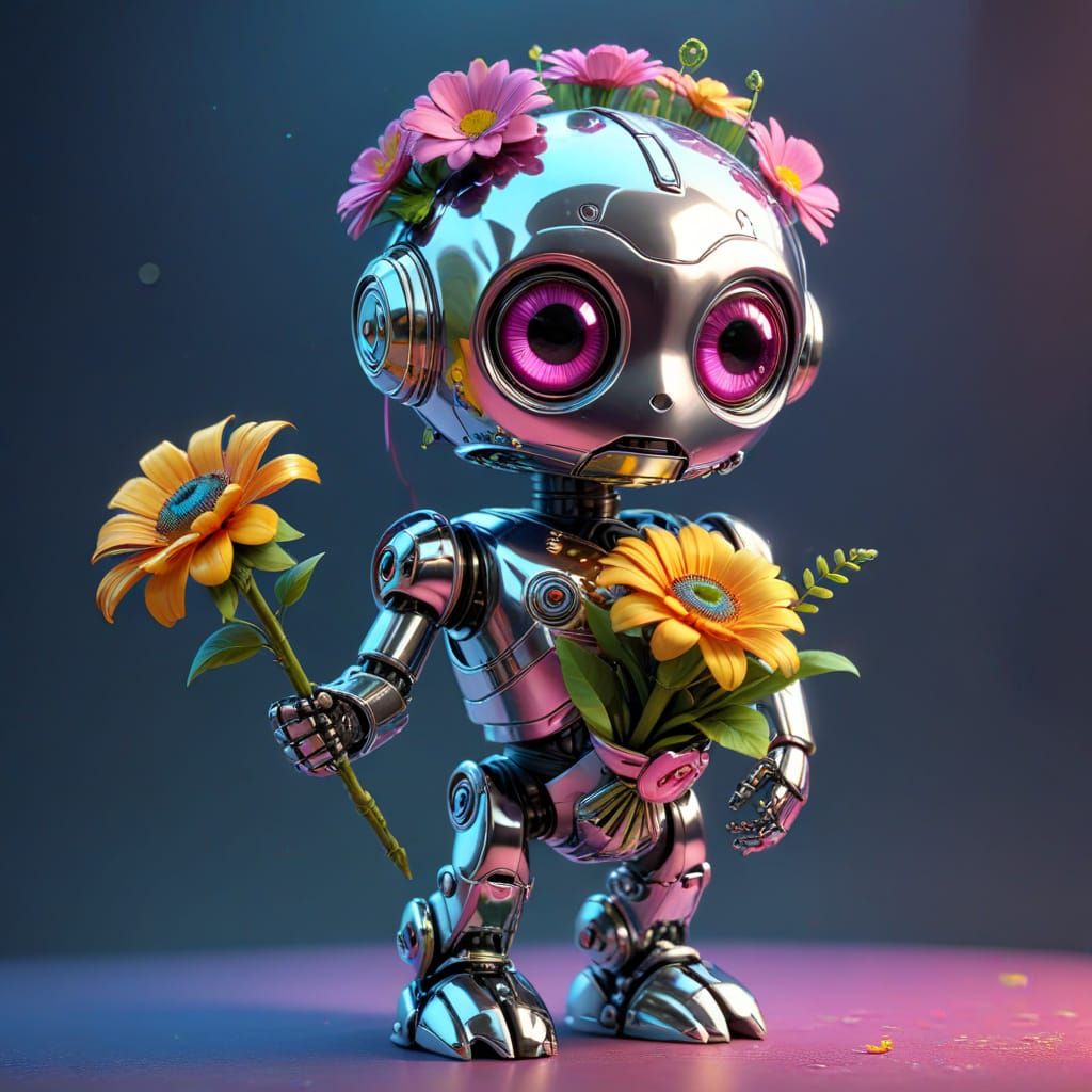 Charming Chrome Droid with Flowers in Kawaii Style