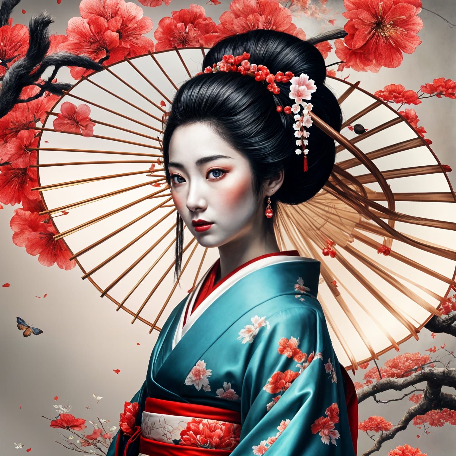 Geisha in Sybile Art Style, Hyper-Detailed Image