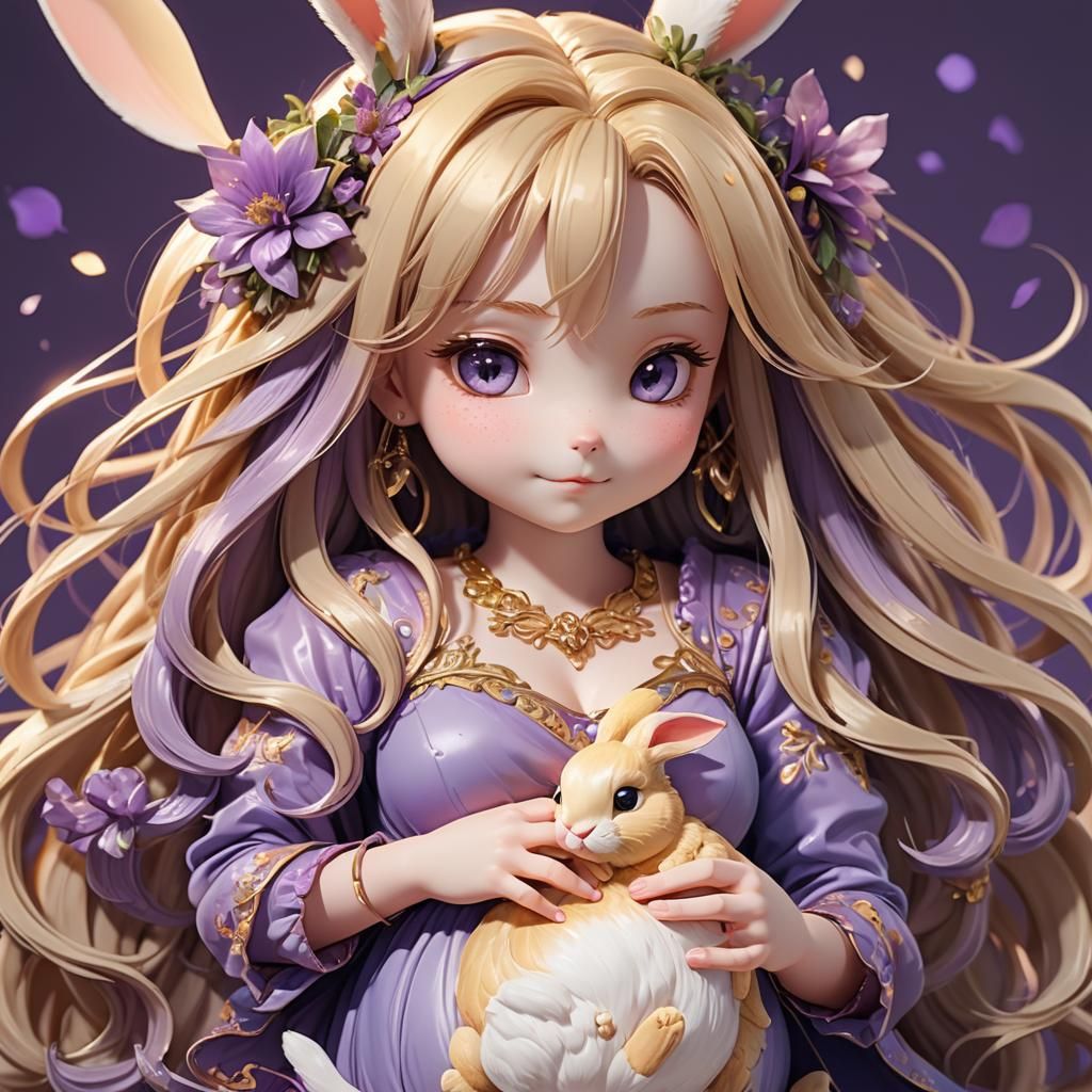 Pregnant Anime Bunny in 3D with Blonde Hair