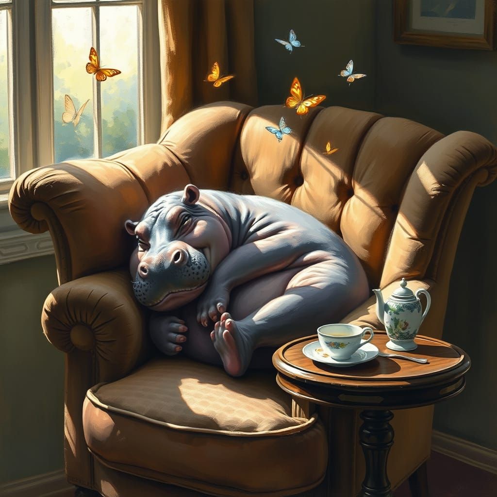 Sleeping Hippo on Velvet Armchair in Sunlit Room