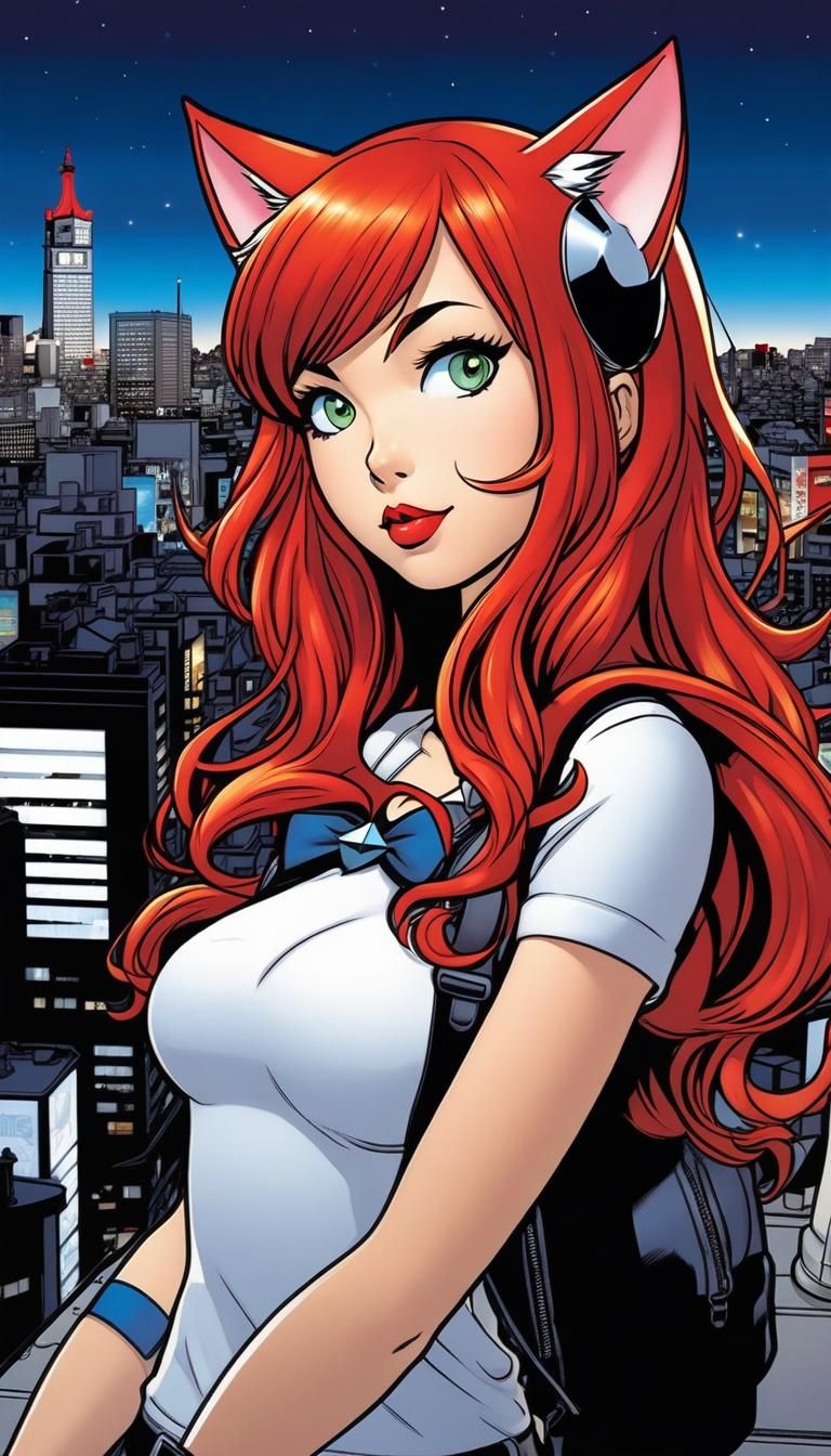 Cat-Girl Overlooks Shibuya in Pop Art Style