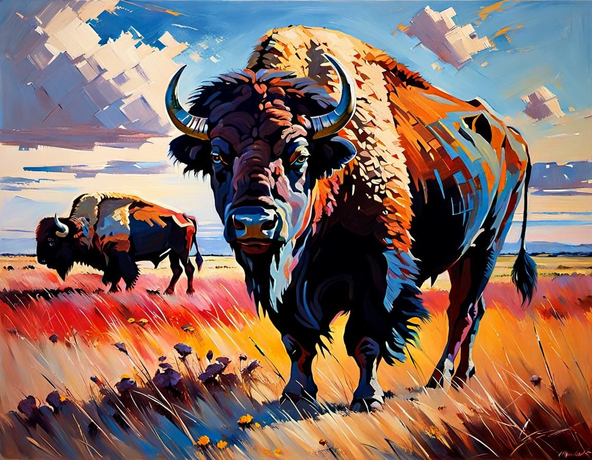 Buffalo on Kansas Prairie: Acrylic Painting
