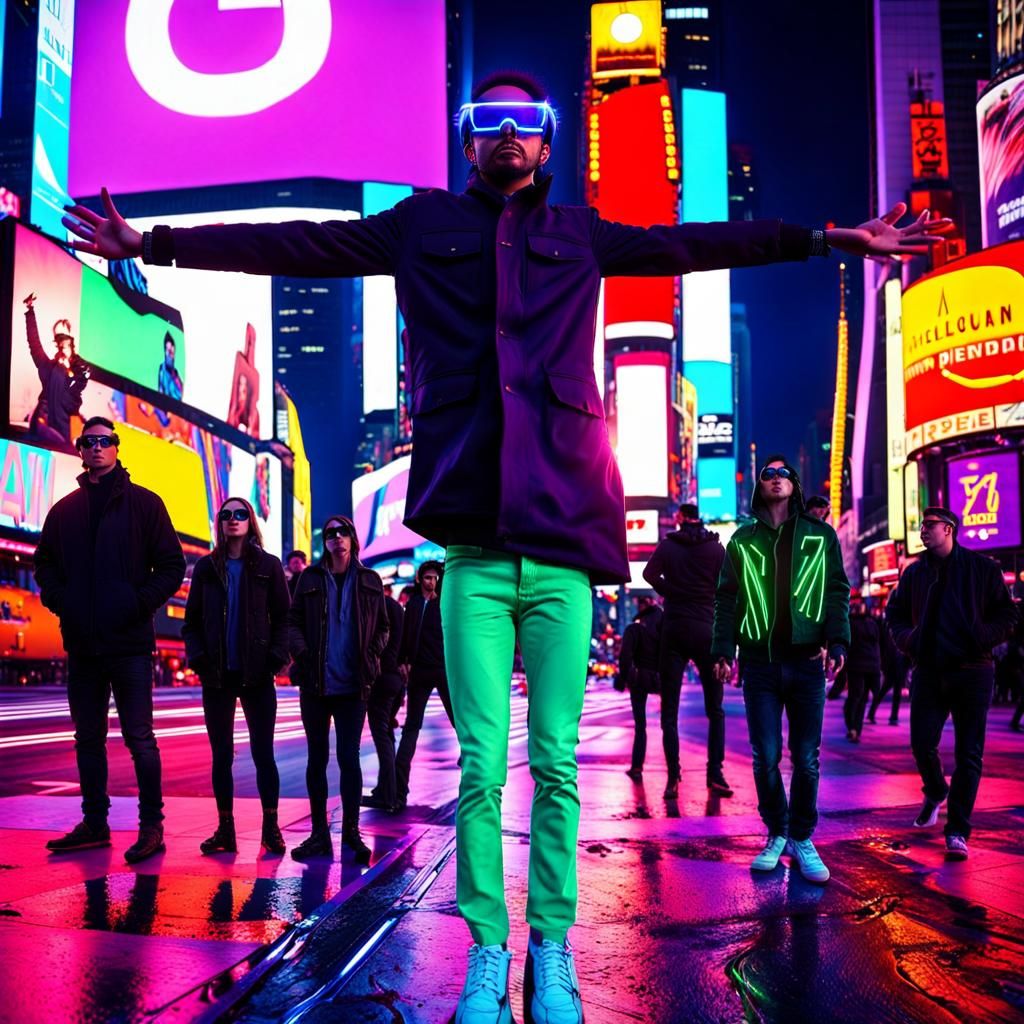 Man Levitating in Times Square: Anime Graffiti Art