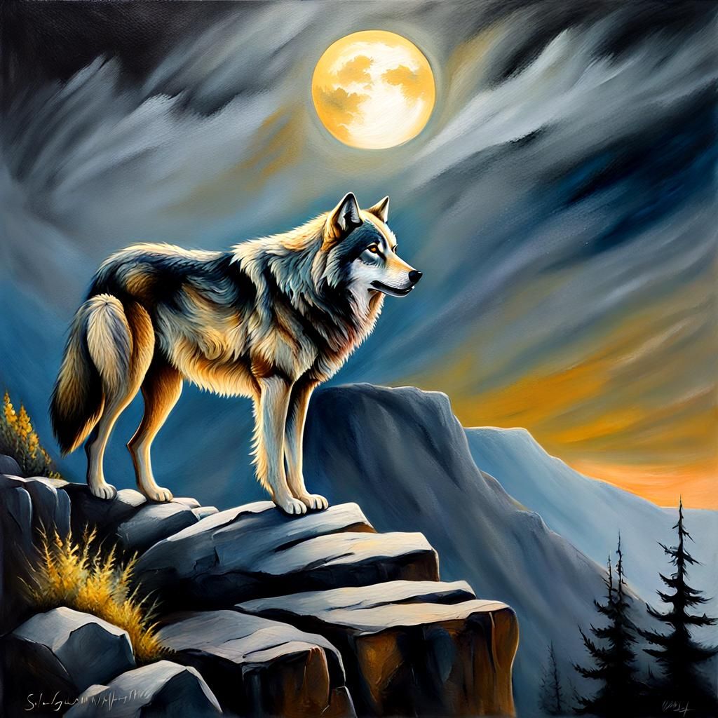 Majestic Wolf Portrait in Romantic Wildlife Painting Style