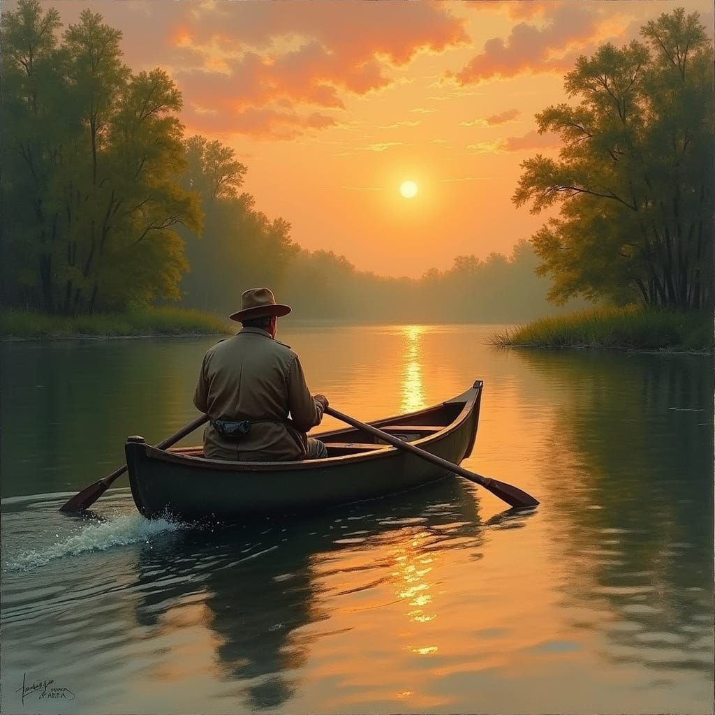 Sunset Rowboat Ride in Impressionist Style