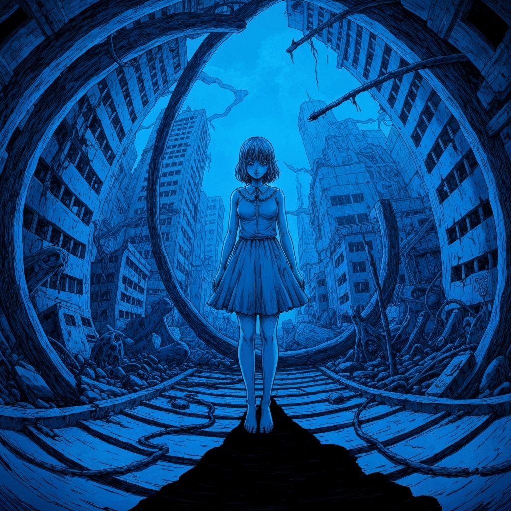 Surreal Portrait of Woman in Blue Gamma Cityscape