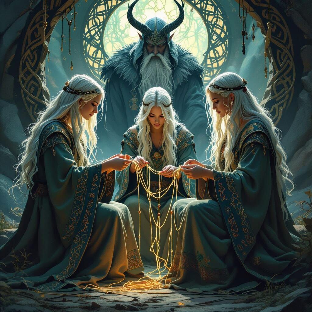 Norns Weaving Fate Under Odin's Gaze