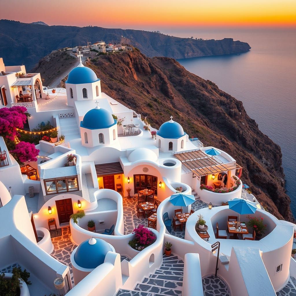 Santorini Cliffside Tavernas at Golden Dusk