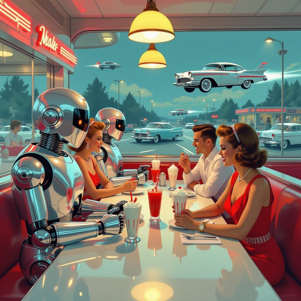 Retro-Futuristic Diner Scene with Robot Servers