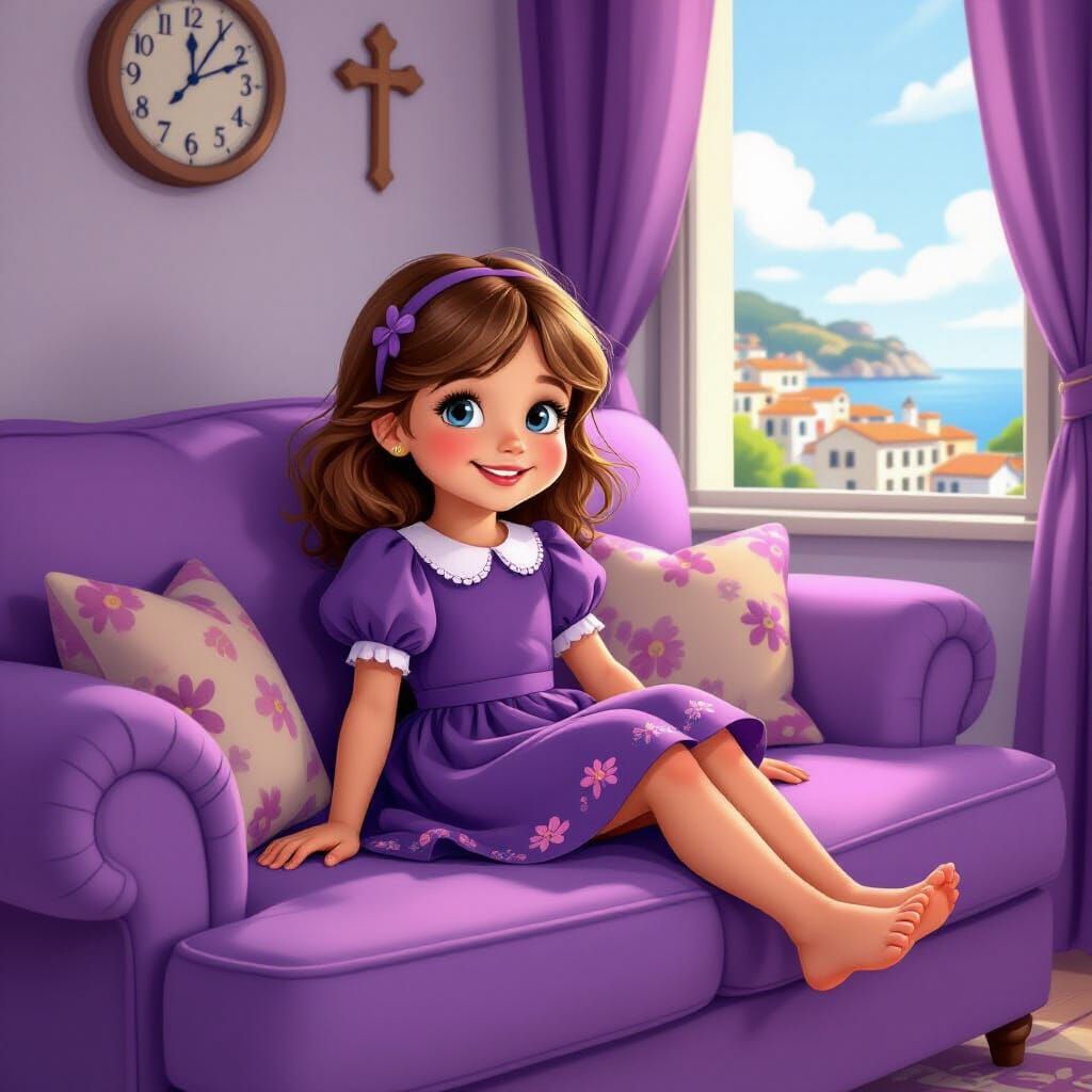 Italian Girl Relaxing on Couch in 80s Cartoon Style