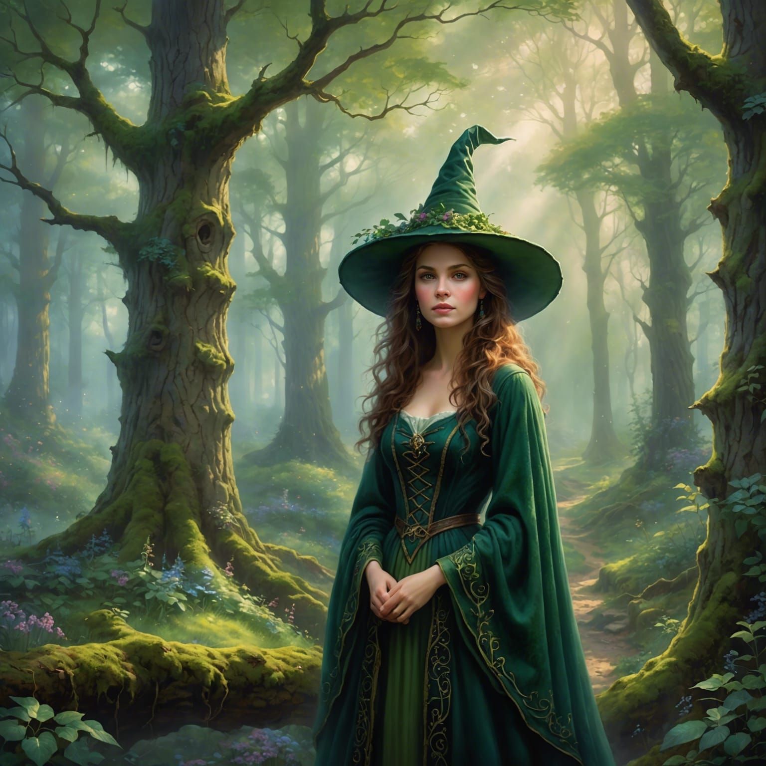 Enchanted Forest: Young Witch with Green Magic