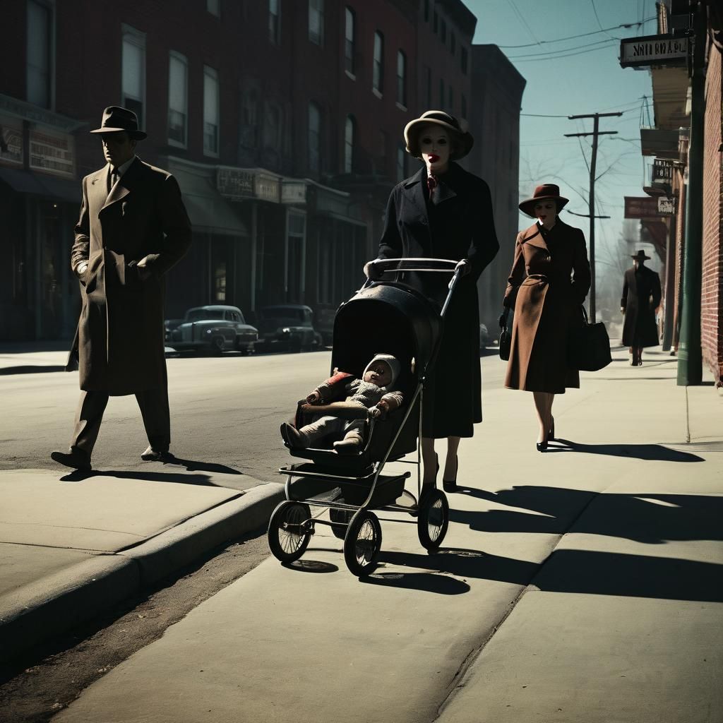 Ominous Encounter: Film Noir Scene on Sidewalk