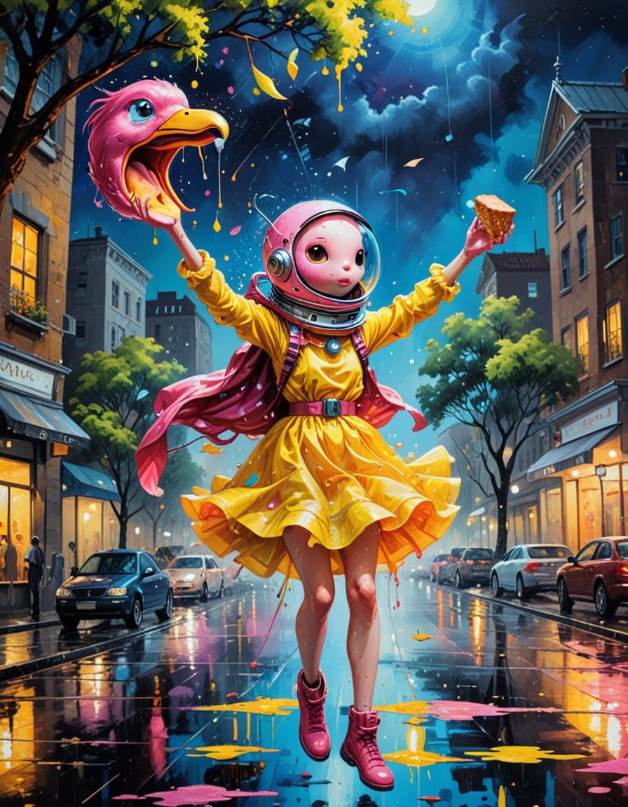 Steampunk Alien in Rainbow Dress, Night City Scene