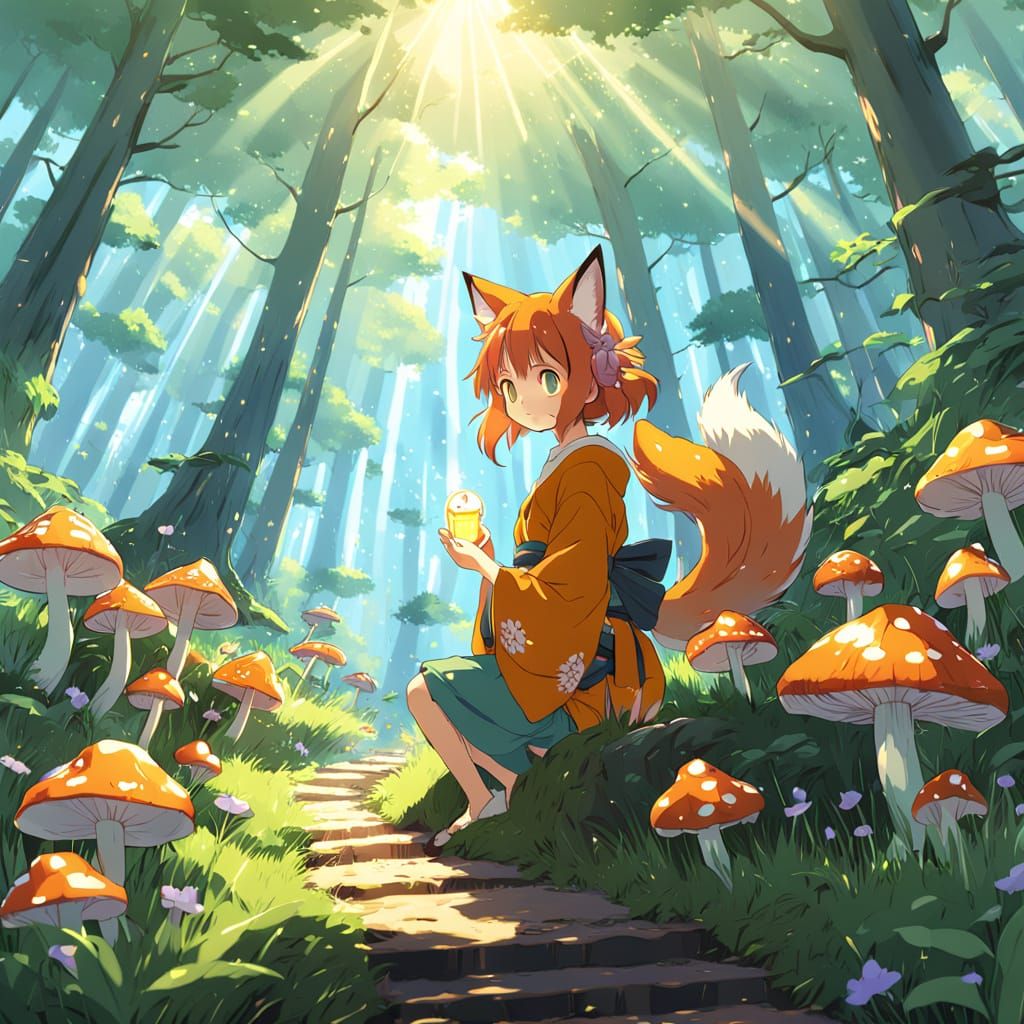 Anime Girl Tends Glowing Mushrooms in Serene Forest Glade