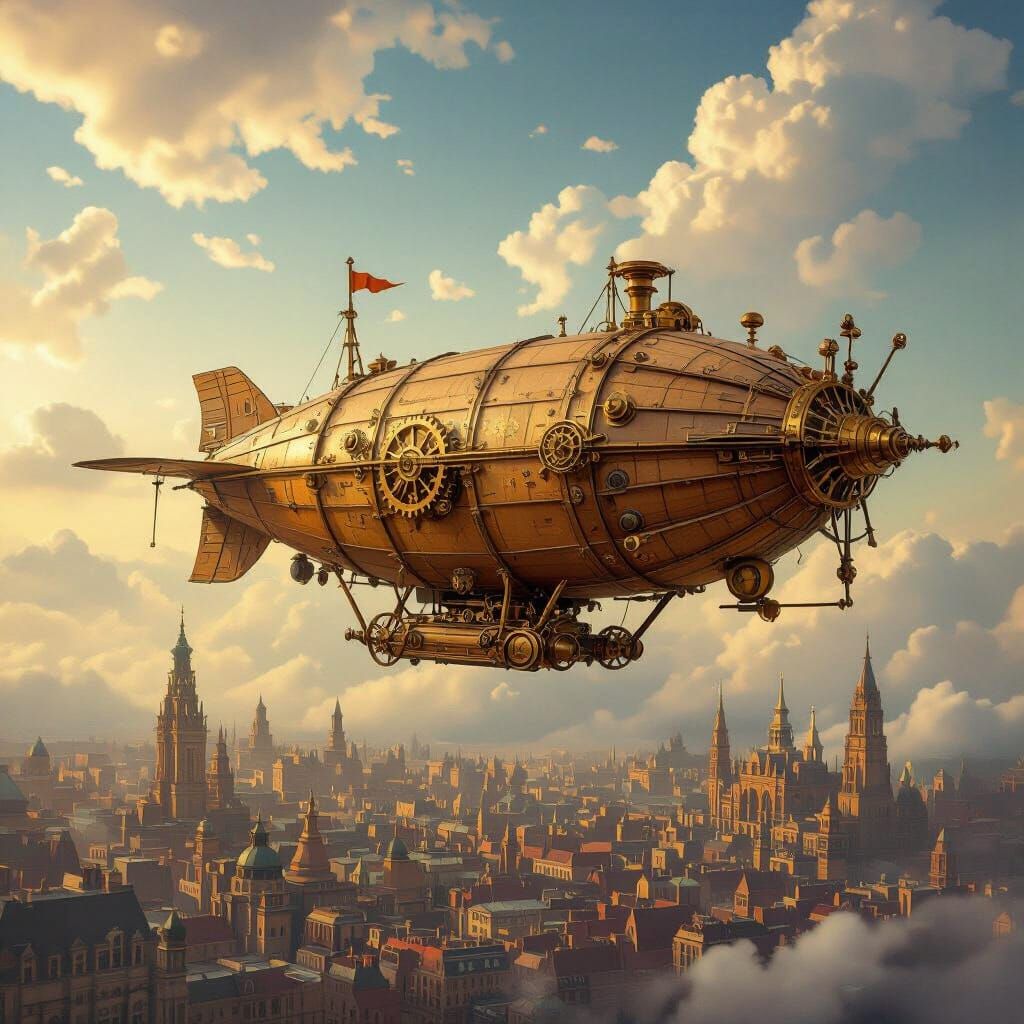 Steampunk Airship Over Victorian City in Verne Style
