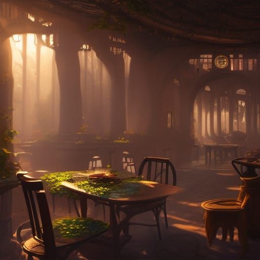 Fantastical Coffee Shop in Sunlight: Detailed Matte Painting