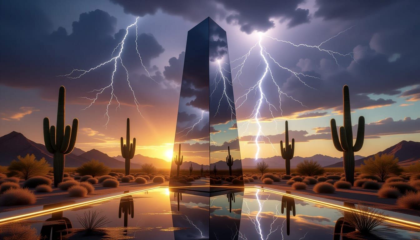 Obelisk Mirror Reflects Saguaro Desert Storm