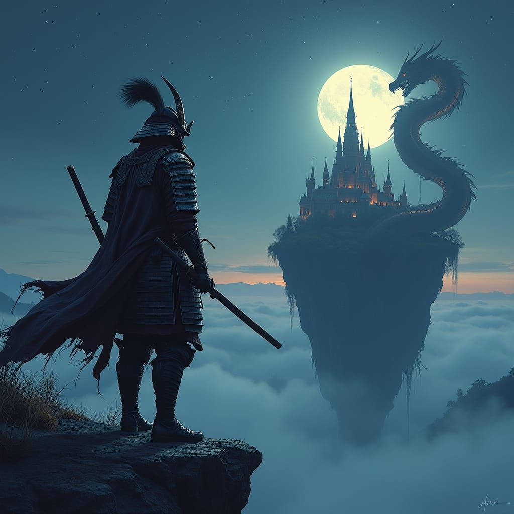 Samurai Silhouette on Cliff Edge at Night