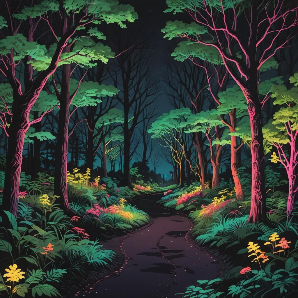 Neon Forest Path at Night: A Digital Art Piece