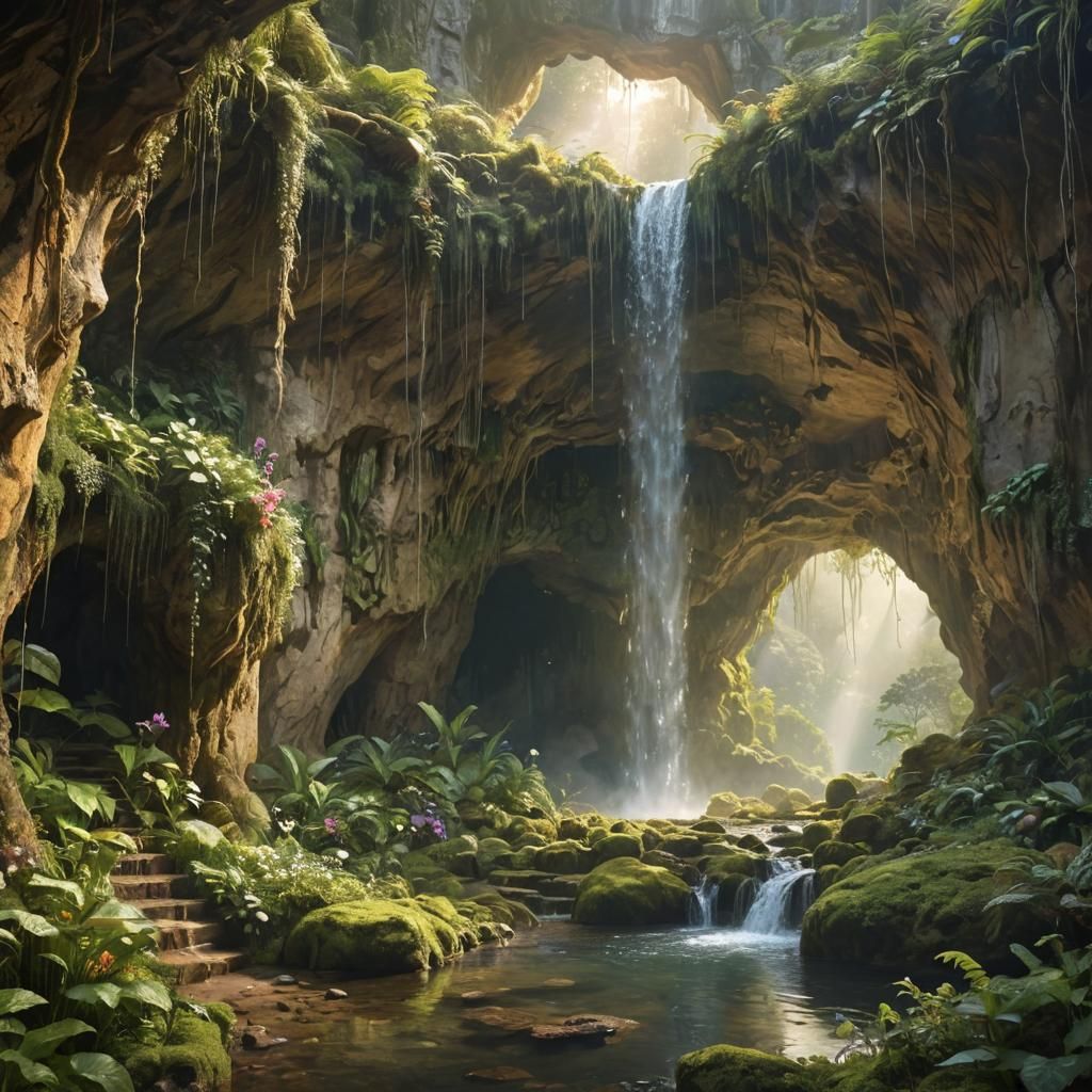 Ethereal Waterfall Grotto with Divine Light, Oil Painting