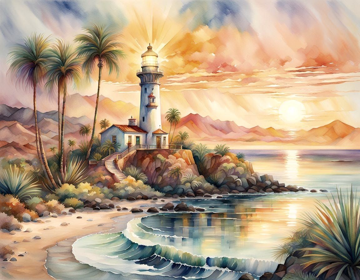 Hacienda Lighthouse Watercolor Painting at Golden Hour