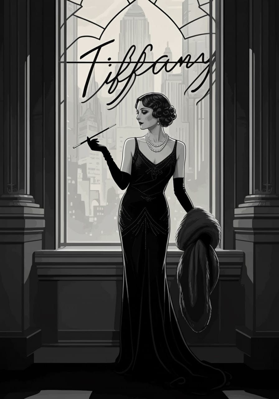 Elegant Woman in Art Deco Window with TIFFANY Script