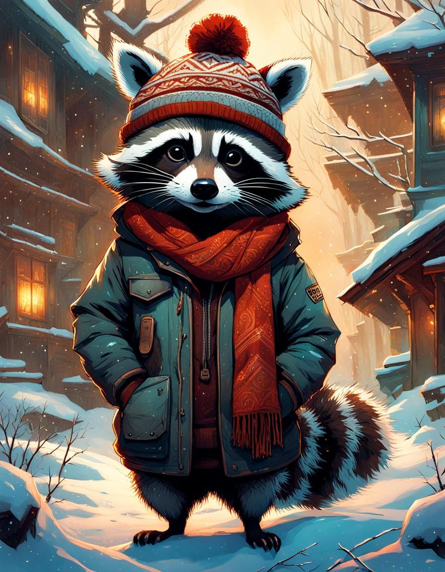 Raccoon with Beanie in Winter Scene