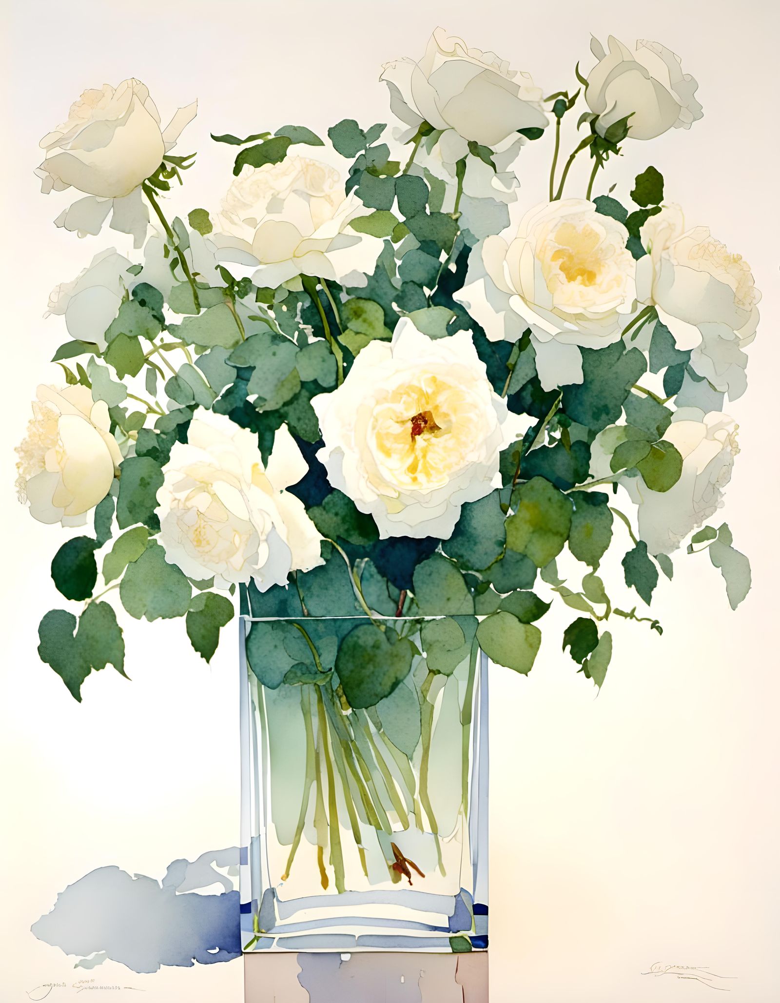Elegant Watercolor White Roses in Glass Vase