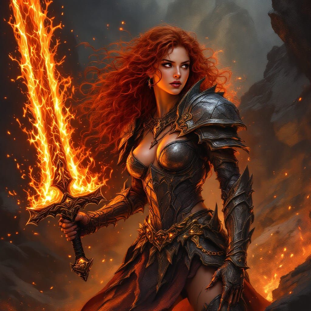 Fiery Warrior Woman With Molten Rock Armor