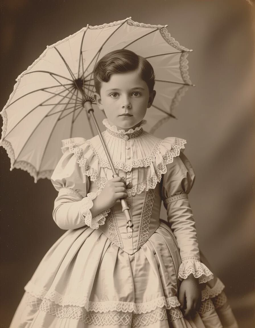 Edwardian Boy in Princess Gown Studio Portrait