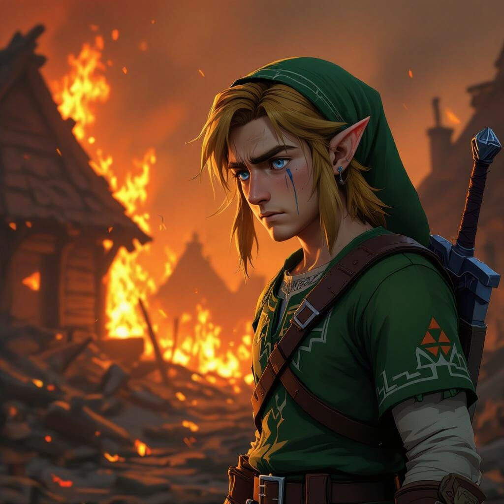 Young Link Cries as His Village Burns