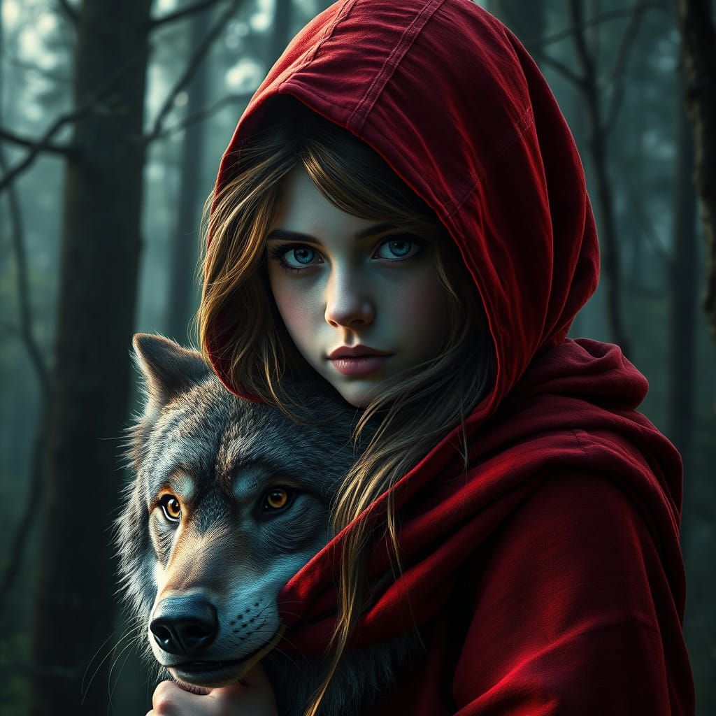 Dark Little Red Riding Hood Dragging a Wolf Through the Wood...