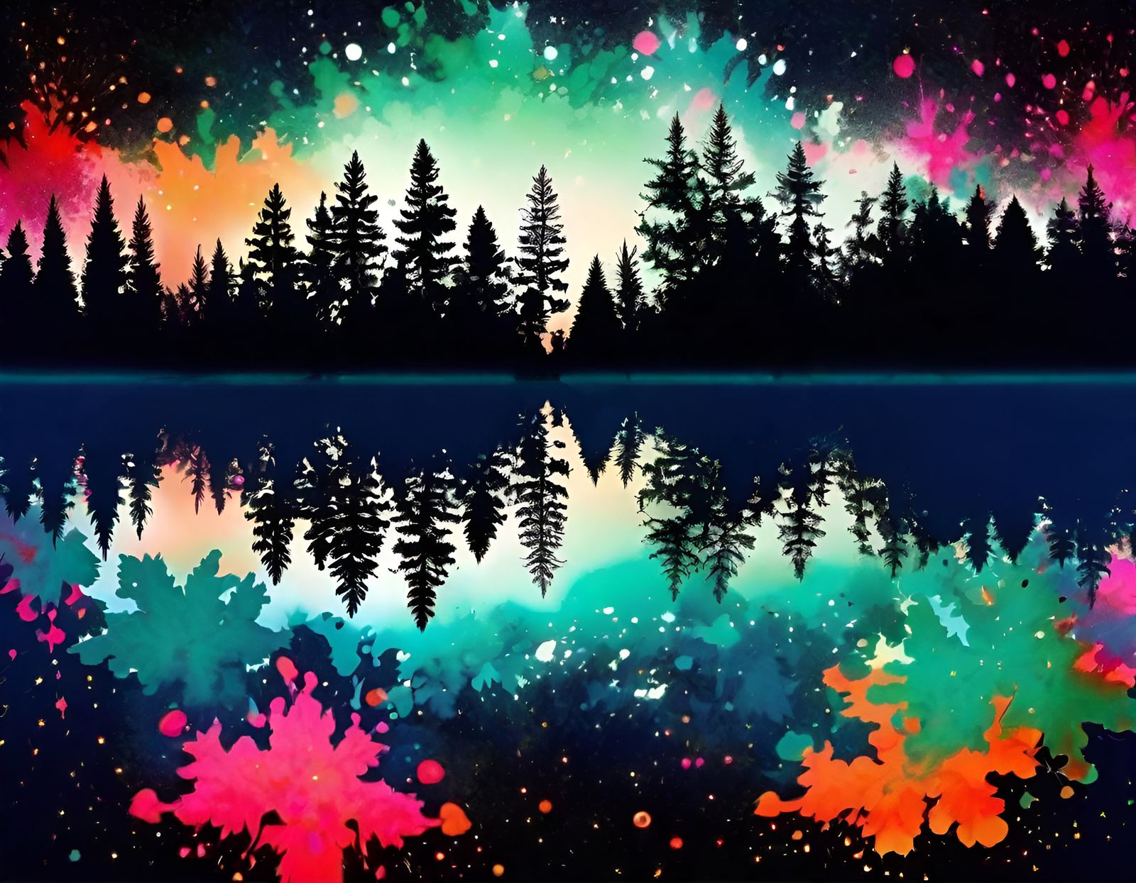 Abstract Ink Splatter Forest and Space Scene