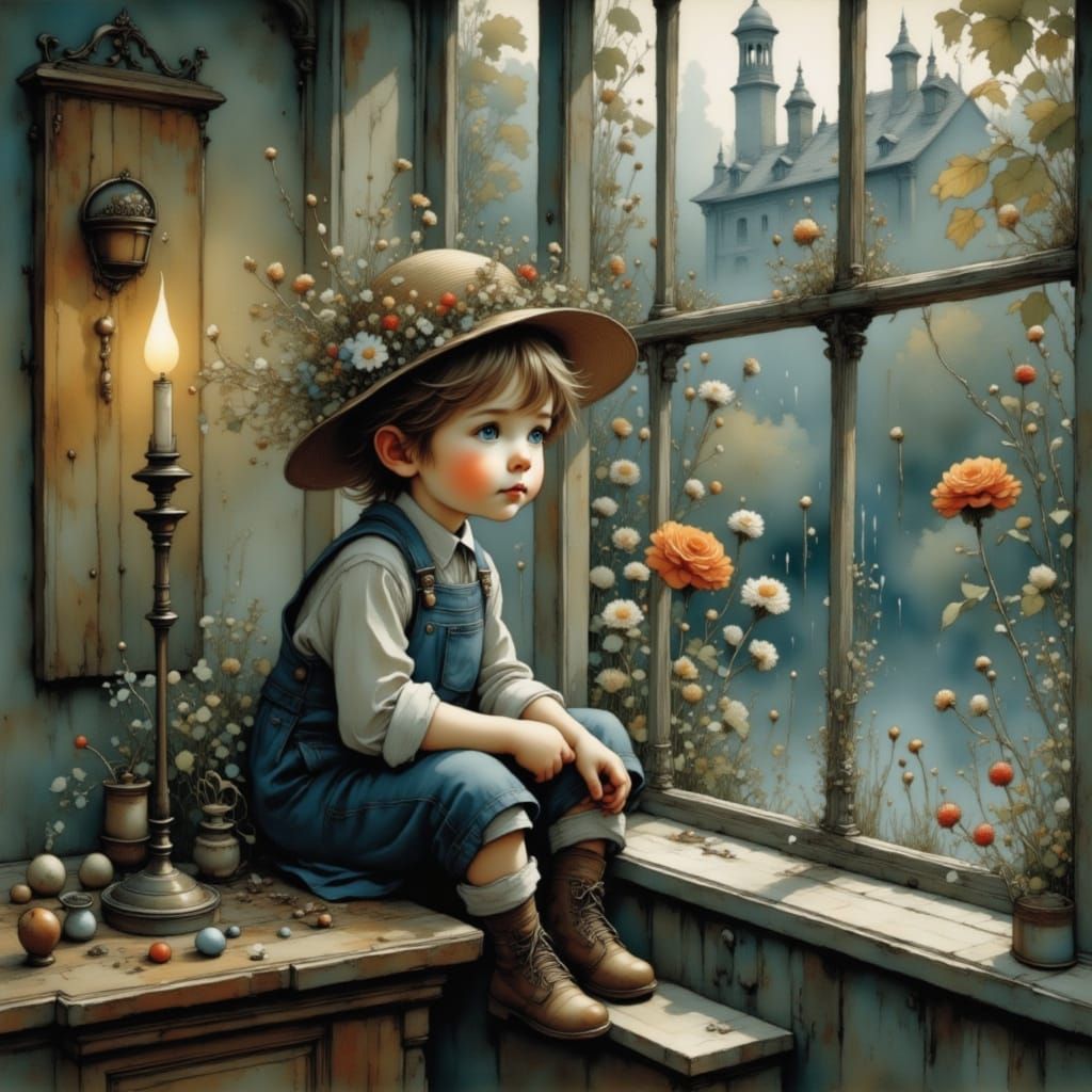 Whimsical Toddler Watches Rainy Scene in Intricately Detaile...