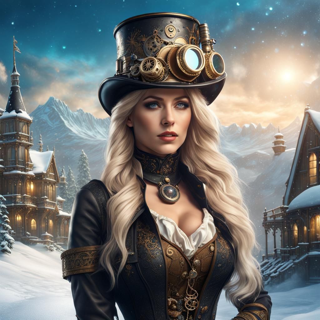 Steampunk Hawaiian Woman in Winter Snow Scene