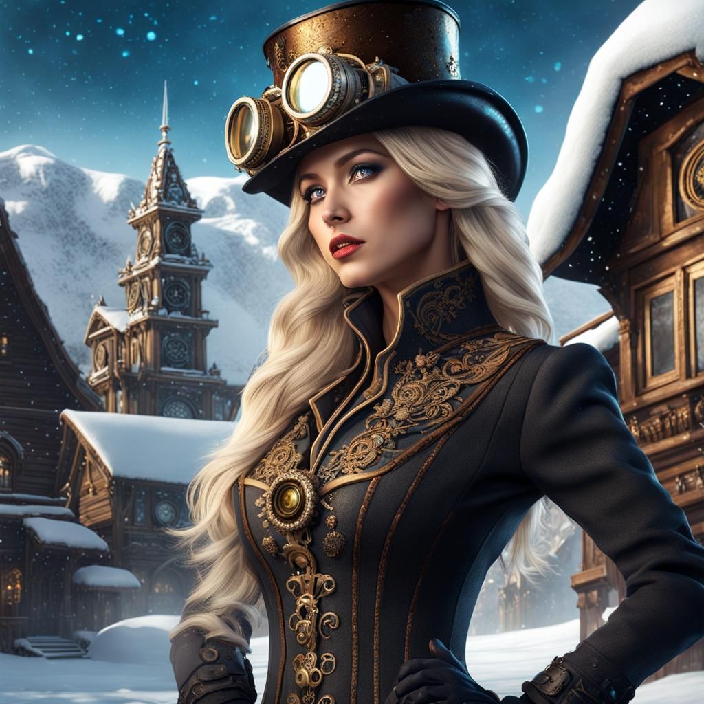 Steampunk Woman in Winter Wonderland: Detailed Digital Art