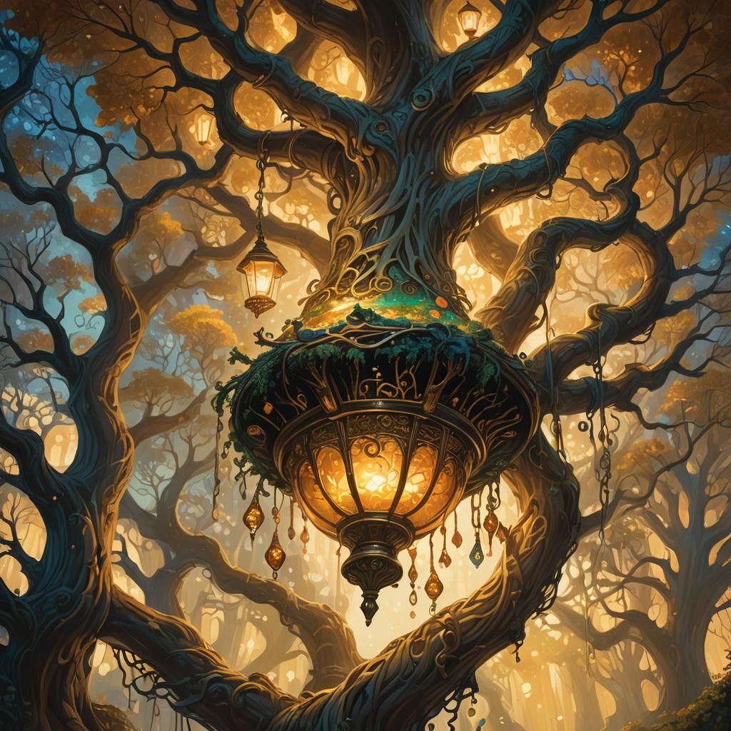 Glowing Lamp Hanging from Mystical Tree: Fantasy Art