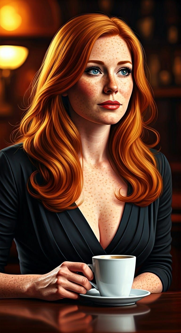 Elegant Red Haired Woman Lost in Thought in a Pop Art Settin...